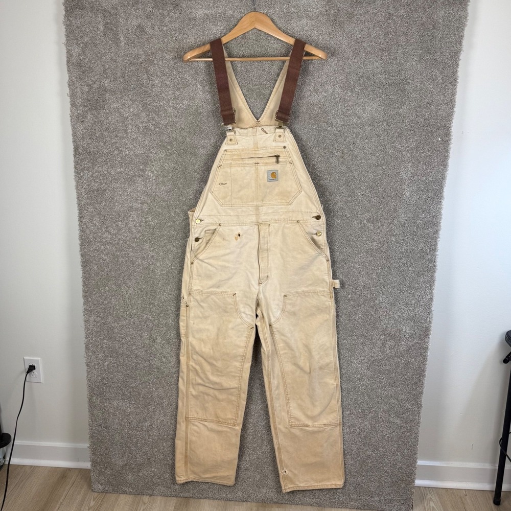 Carhartt Distressed Double Knee Duck Canvas Overalls R19 Mens 34x32 Fits 34x30